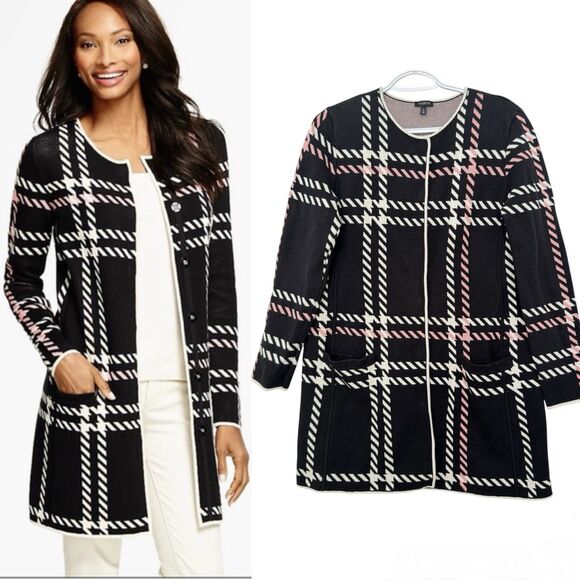 Talbots Sweaters - Talbots Size MEDIUM Pink White Herringbone Long Snap Button Cardigan